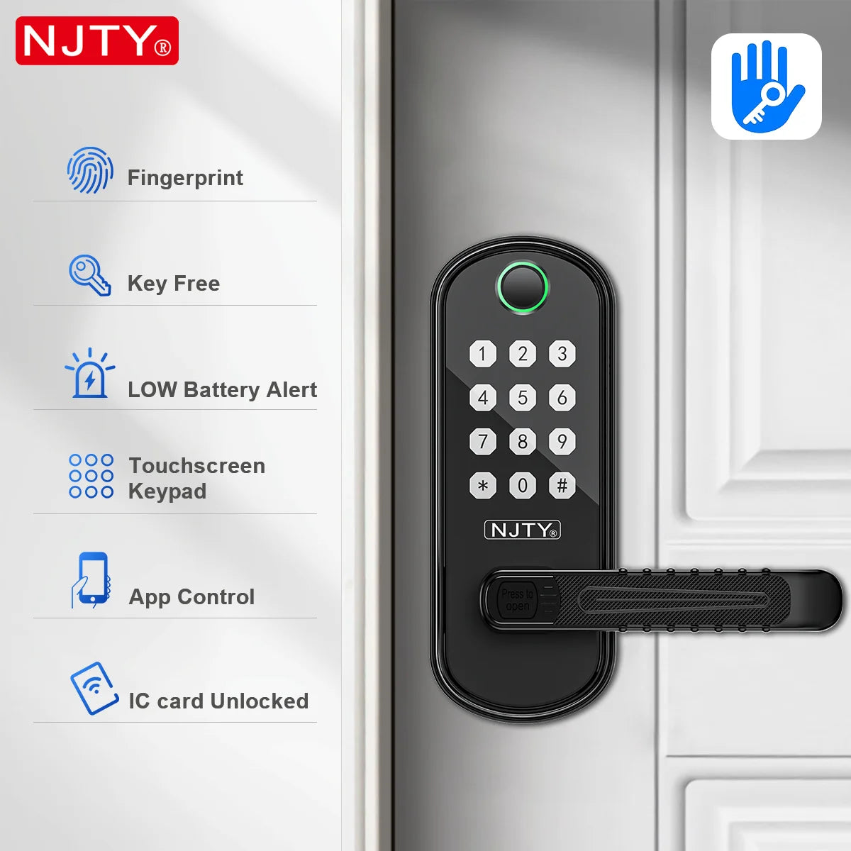 NJTY Fingerprint Door Lock Unlock by Fingerprint/Card/App/Password/NFC/Key Anti-Theft Electronic Door Lock for Bedroom/Outside