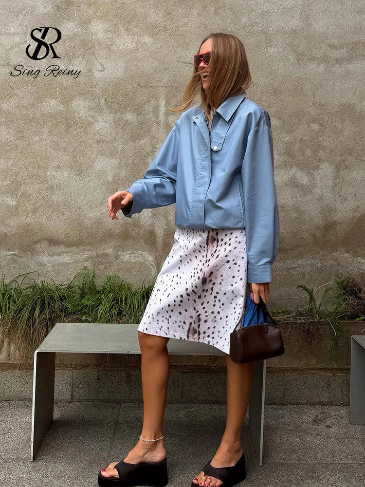 SINGREINY Autumn Trendy Street Casual Jacket Lapel Full Sleeves French Simple Outerwear Newest Versatile Blue Basic Loose Coat