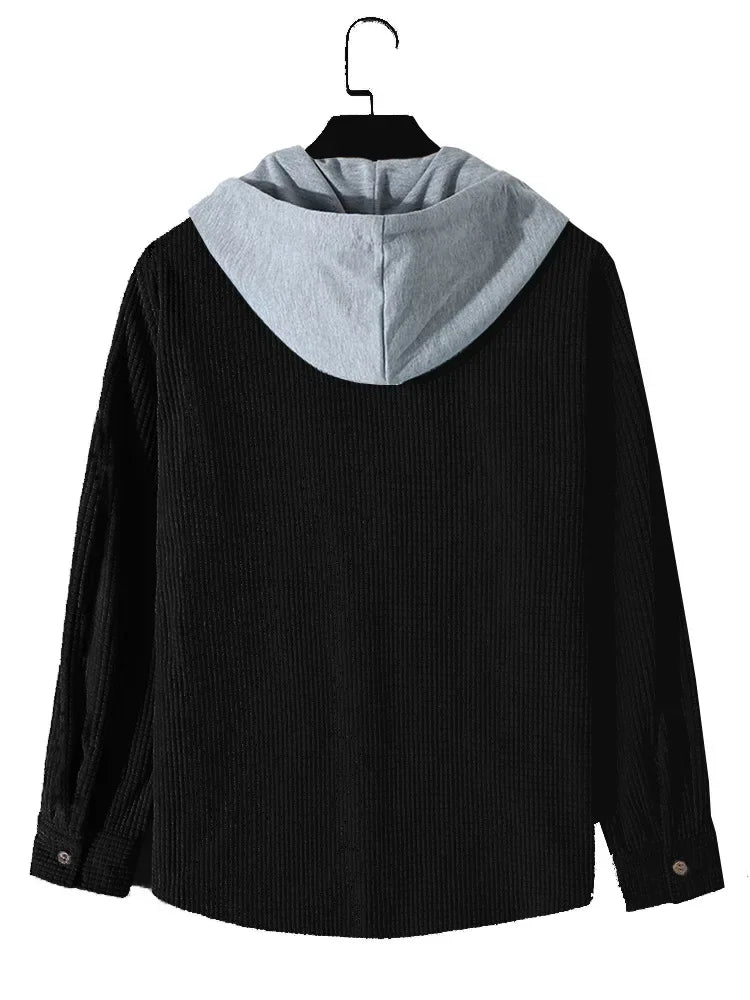 Spring Autumn Patchwork Thick Hooded Shirt Men Waffle Long sleeved Hoodie Fashion Casual Loose Sweatshirt Tops Oversized Shirts