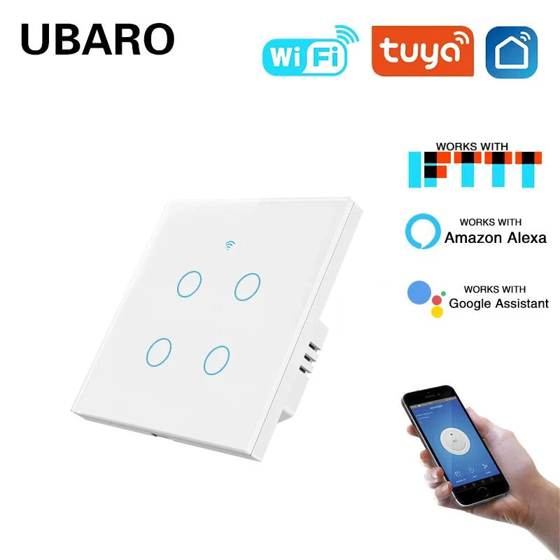UBARO 86×86mm 1/2/3/4 Gang WiFi Smart Touch Switch, Tuya App/Voice Control, Timer, 2-Way/1-Way, Neutral Required