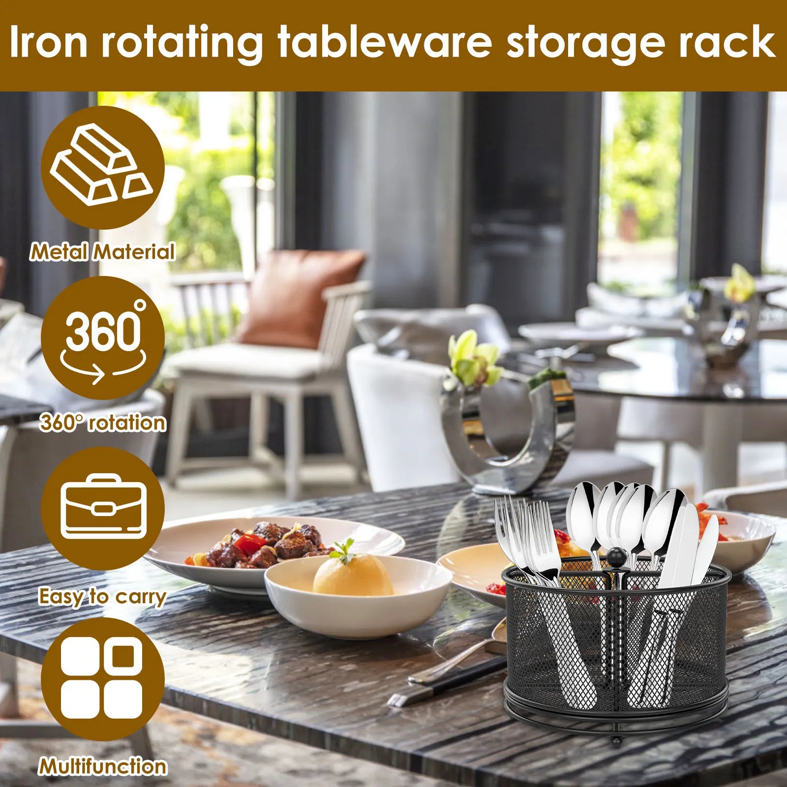 360°Rotating Utensil Caddy Kitchen Utensil Holder 6.7×6.7×5.1 Inch Metal Utensil Organizer 4-Compartment Metal Utensil Caddy