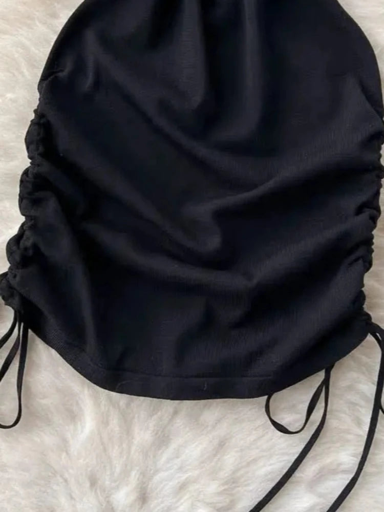 Women Sexy Sleeveless Off Shoulder Knit Dress Halter Backless Drawstring Pleated Elastic Bodycon Dress Summer Sundress Outfits
