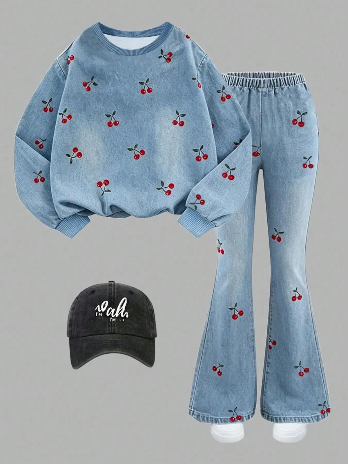 Girls' Summer and Autumn Set with Cherry Print, Round Neck Loose Long-Sleeve T-Shirt, Elastic Waist Long Pants Two-Piece Set, Blue Faux Denim Print Clothing Suitable for Children over 3 Years Old, Versatile Outfit for Home an