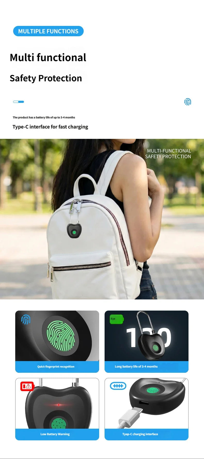 Smart Fingerprint Padlock Biometric Intelligent Lock Dormitory Home Protection Outdoor Cabinet Warehouse Extended Security Lock