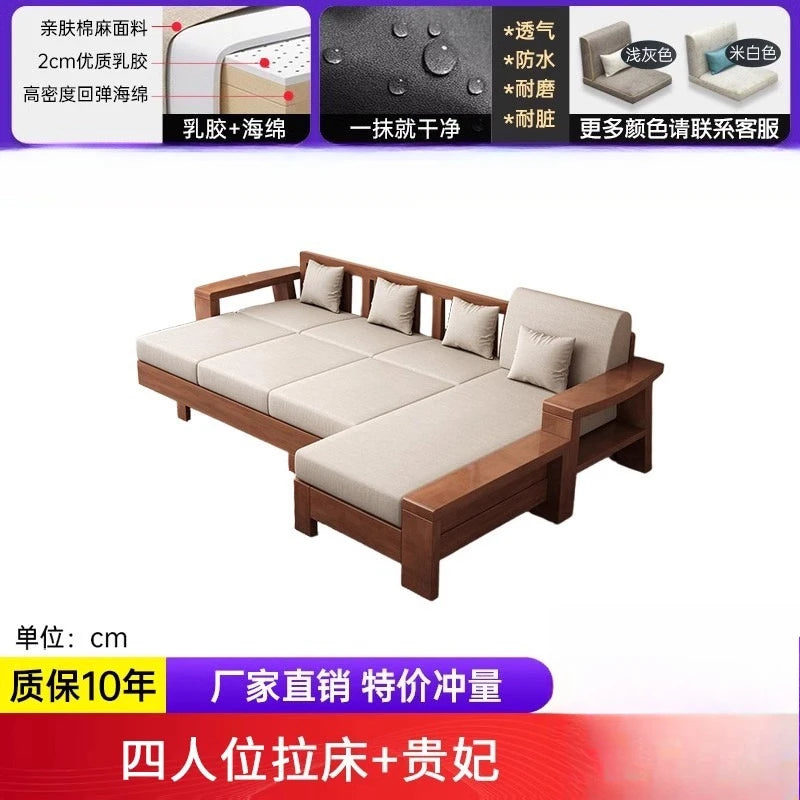 Solid Wood Sofa Living Room Home Use Full Solid Wood Furniture Set Small Apartment Dual-use Natural Wood Sofa Bed