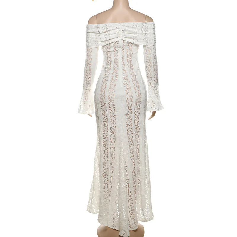Women's Elegant Lace Up Flared Sleeve Long Dress Fashion Hollow Out Off Shoulder Bodycon Vestidos 2024 Lady New Beach Partywear