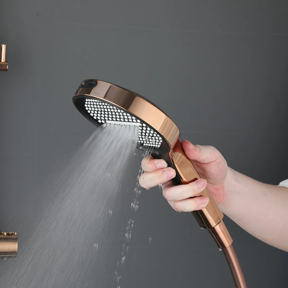 KEMAIDI Rose Gold Bathroom Shower Set Rainfall Hot And Cold Control Multifunctional Bath Shower Faucet System W/ Hand Shower