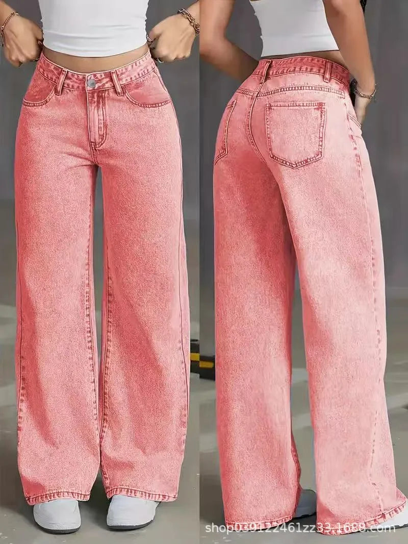 American Women's Blue Washed High-Waisted Straight-Leg Jeans Loose Fashion Front & Back Pockets Jeans Suitable Daily Casual Wear