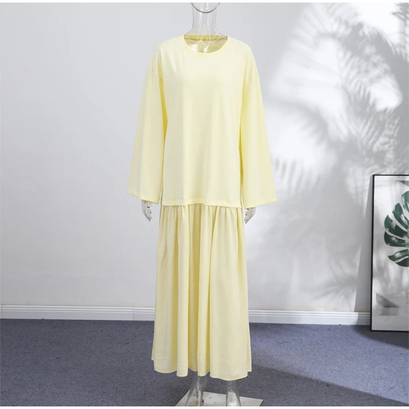 Solid Color Loose Fit Flare Sleeve Tiered Dress Crew Neck Ruffle Hem Pleated Long Maxi Dresses 2026 Spring Chic Casual Outwear
