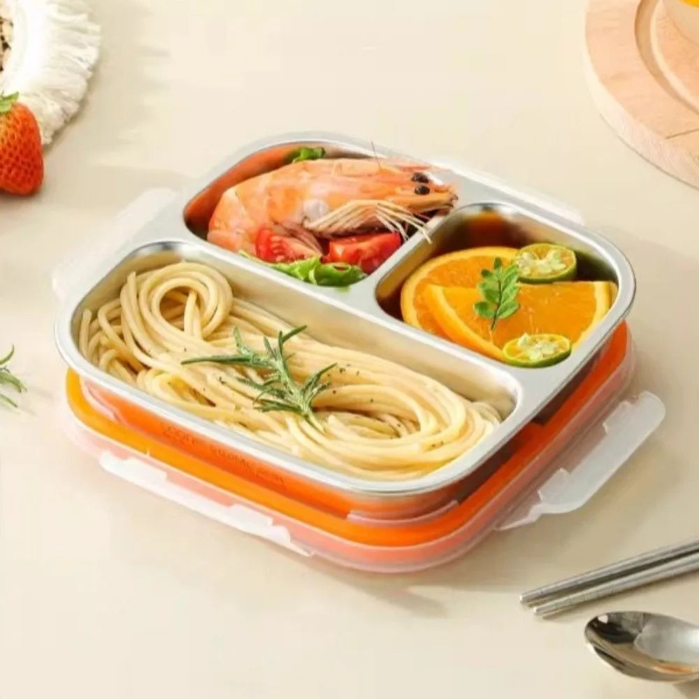 3/ 4 Grids Stainless Steel Lunch Box Reusable Sealed Food Container Leak Proof 600ml Capacity Student Meal Plate Microwave Oven