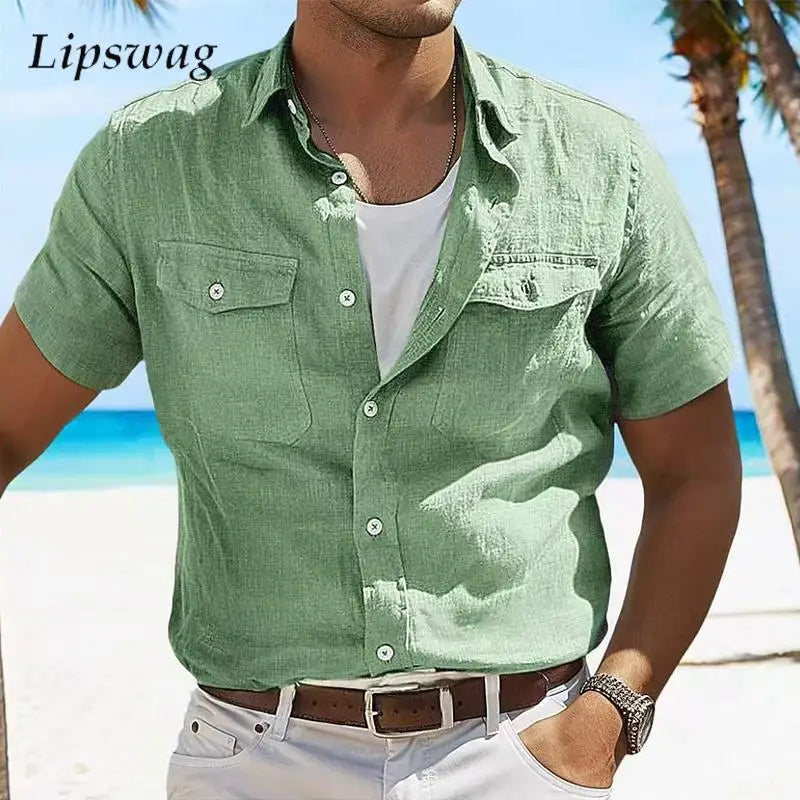 2025 Spring Summer New Casual Shirts Mens Fashion Short Sleeve Button-up Shirt For Men Daily Leisure Solid Color Linen Shirt Top