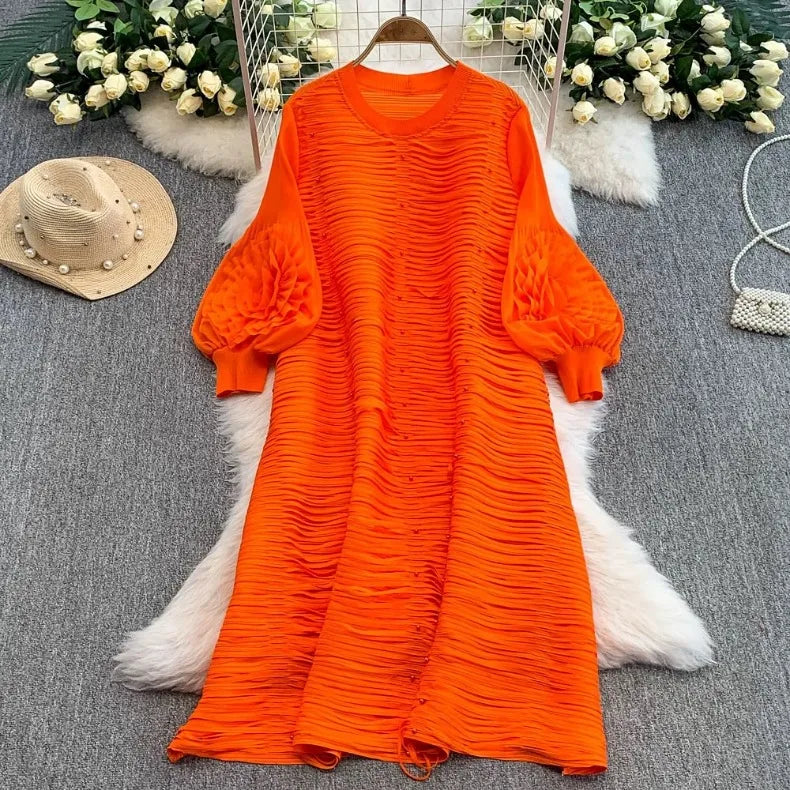 ANLAN Luxury Beading Hollow Out Tassels Pleated Miyake Dresses Women 3D Flower Splice Lantern Sleeve Loose Party Dress 2025 N