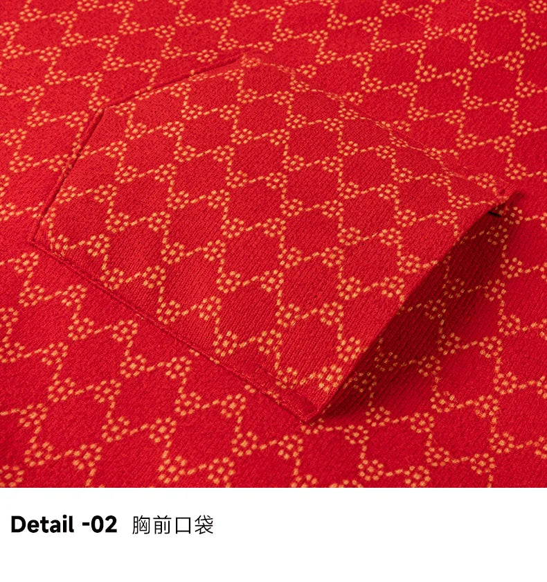 Men's long-sleeved shirt in Chinese red with fleece and thickened texture, warm and casual, comfortable and versatile for winter