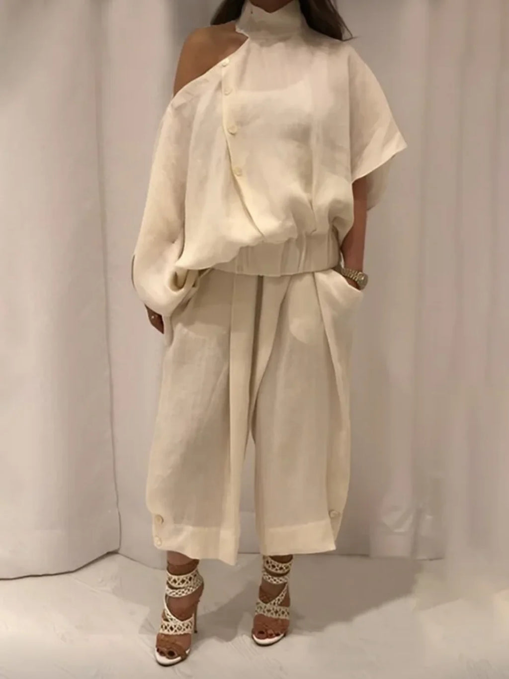 Women's Two Piece Set Wide Leg Buttoned Casual Pants Bottoms Trousers Hollow Solid Color Irregularity Loose Cold shoulder Blouse