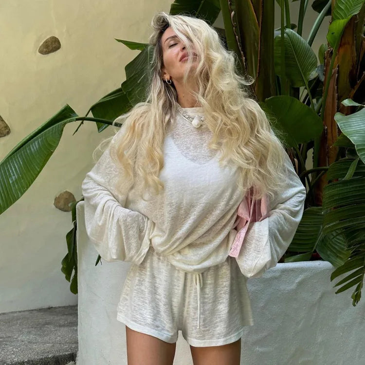 Tossy Casual White 2 Piece Set Women Summer Lounge Wear Loose Long Sleeve Pullover Top And High Waist Shorts Beach Outfits 2026