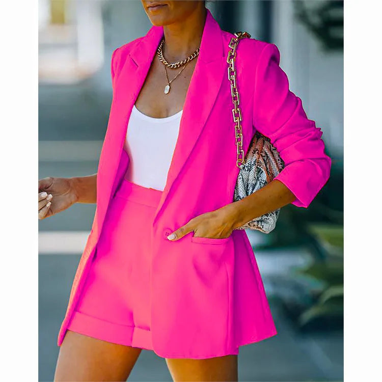 2026 Elegant Two Piece Blazer Suit Sets Women OL Office Sets Slim Cardigan Blazer Shorts Solid 2 Piece Set Casual Blazers Set