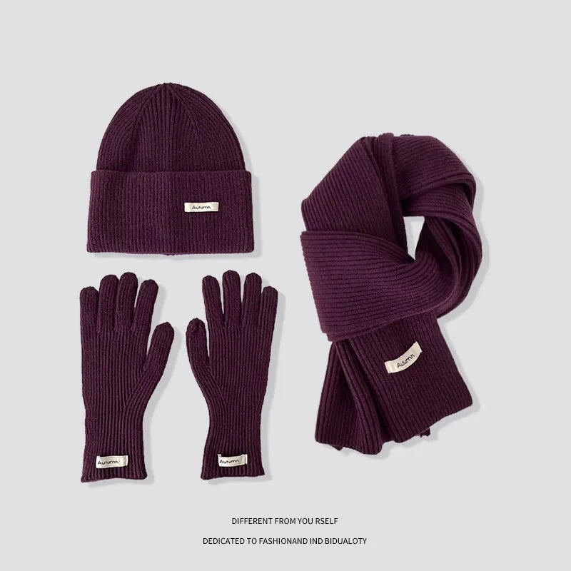 Knitted Winter Scarf Woman Solid Color Hat Scarf Gloves Women's Windproof Adult Three-piece Set Fashion Women's Scarf Hat Set