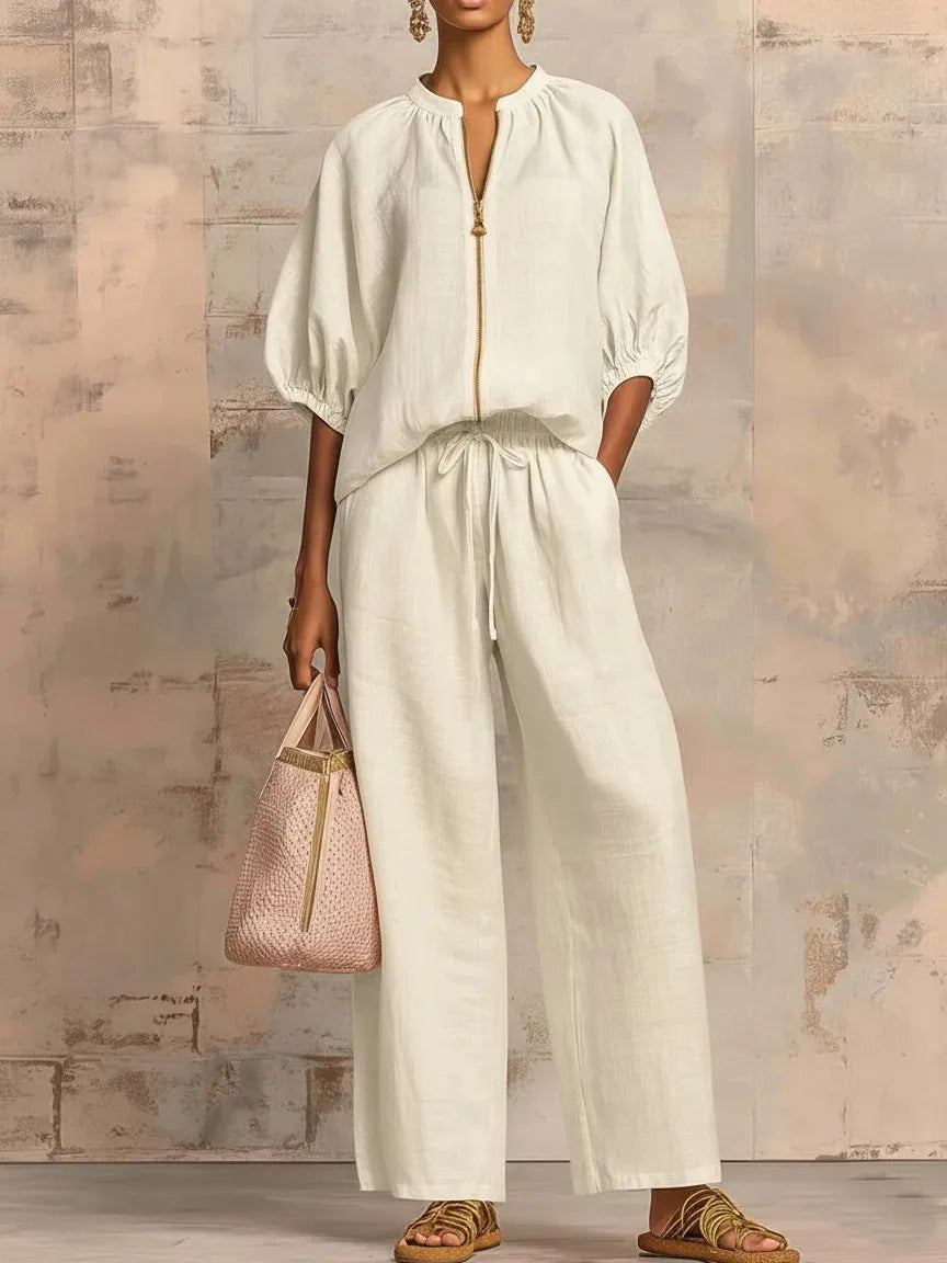 Women Solid 2 Piece Set Chic Laple Zipper Puff Sleeve Top + Wide Leg Pants Outfit Casual Matching Set for Vacation Daily Wear