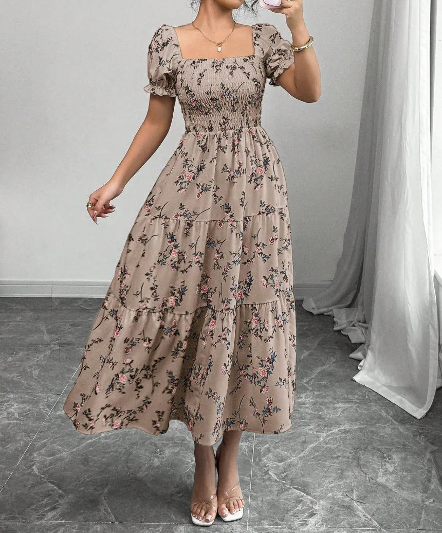 Spring and Autumn Women's Square Neck Short Sleeve Long Skirt Fresh Printed Casual Fashion Slight Backless Temperament Dress