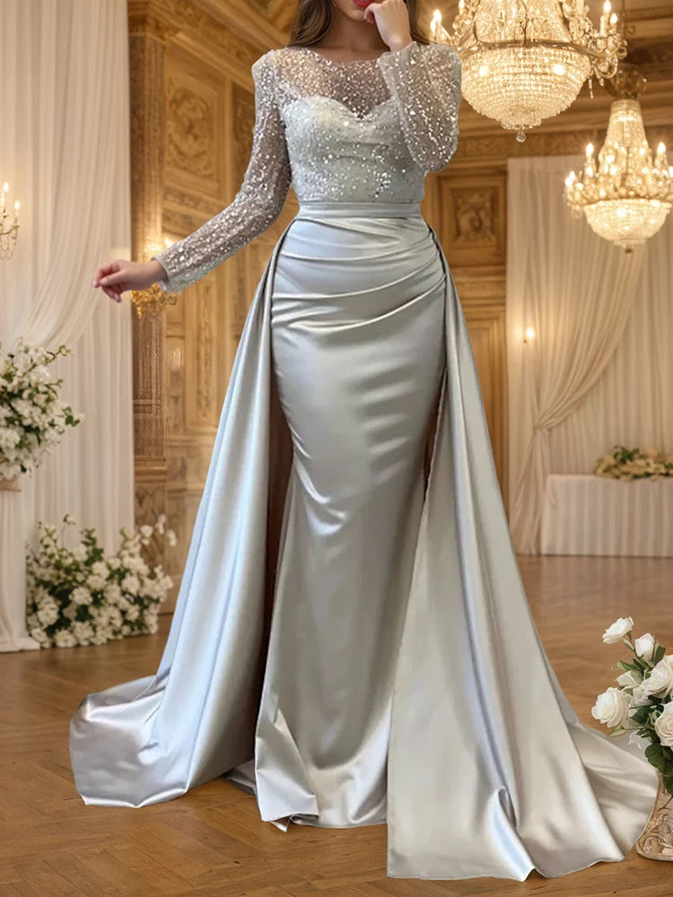 Glamorous Sequin Evening Dress For Women Crew Neck Gold Long Sleeve Ruched Tiered Bodycon Formal Prom Dress Wedding Maxi Dresses