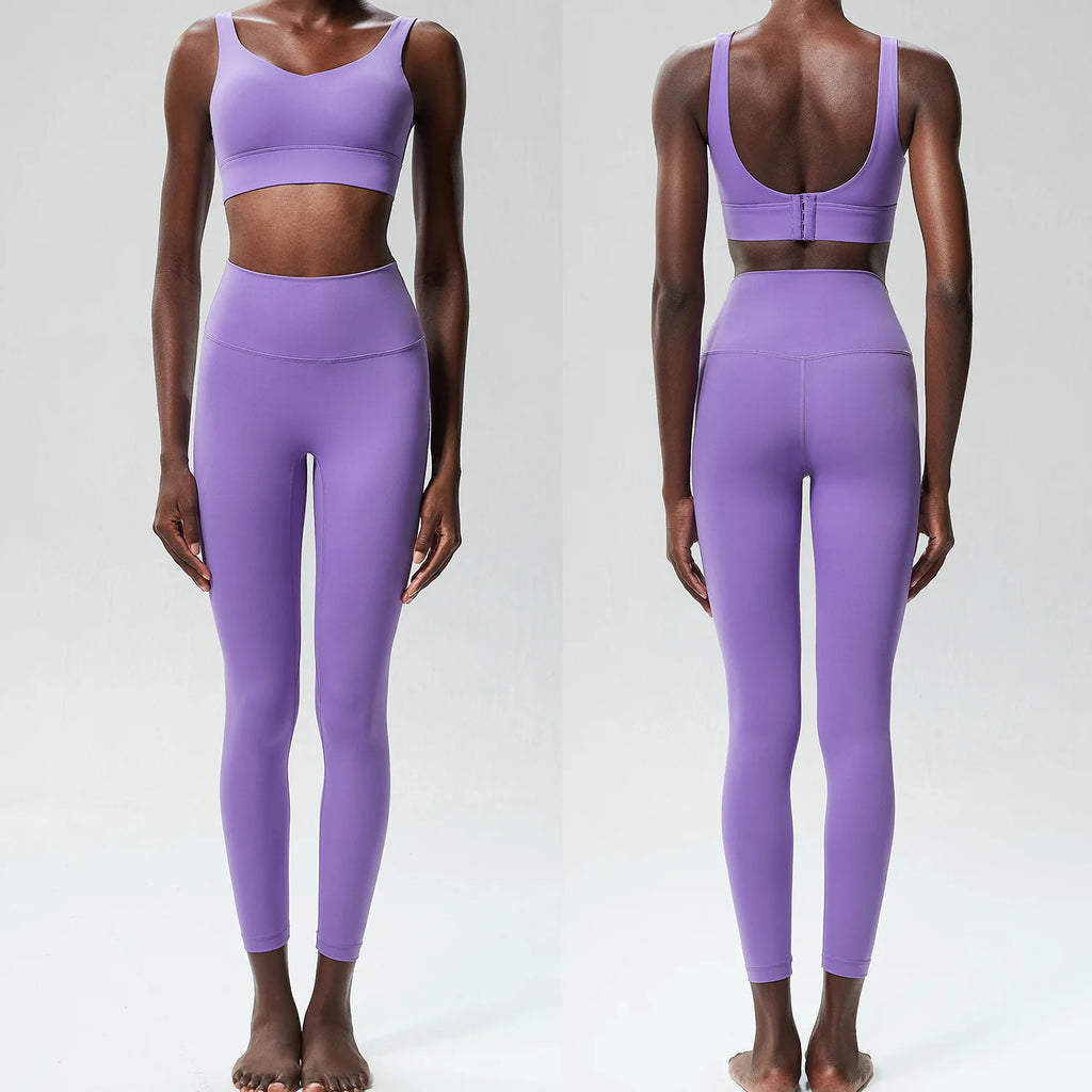 Two Pieces Fitness Yoga Set Women Solid Color Stretchy Soft Gym Suit Breathable Quick Dry Running Sportswear Workout Clothes