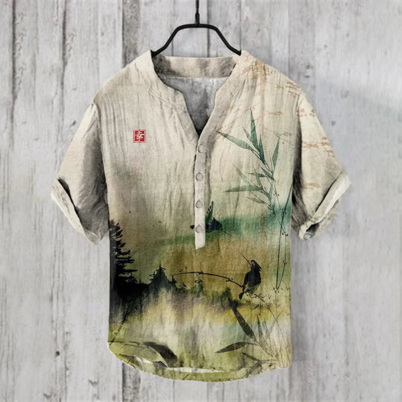 Men's Linen Comfortable Soft Men's Short Sleeve Shirt Hawaiian Fashion Splicing Print Stand Collar Button Shirt Summer Style