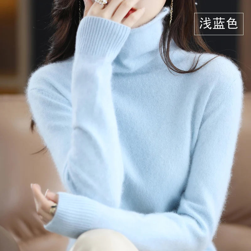 Women's Pile Collar 100% Mink Cashmere Sweater Winter High Collar Knitted Pullover Casual Short Thick Tops Loose Warm Base Shirt