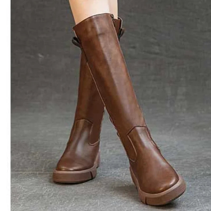 Koznoy 4cm Cow Genuine Leather Microfiber High Top Rubber Knee High Booties Women Chimney Autumn Boots Spring Fashion Shoes