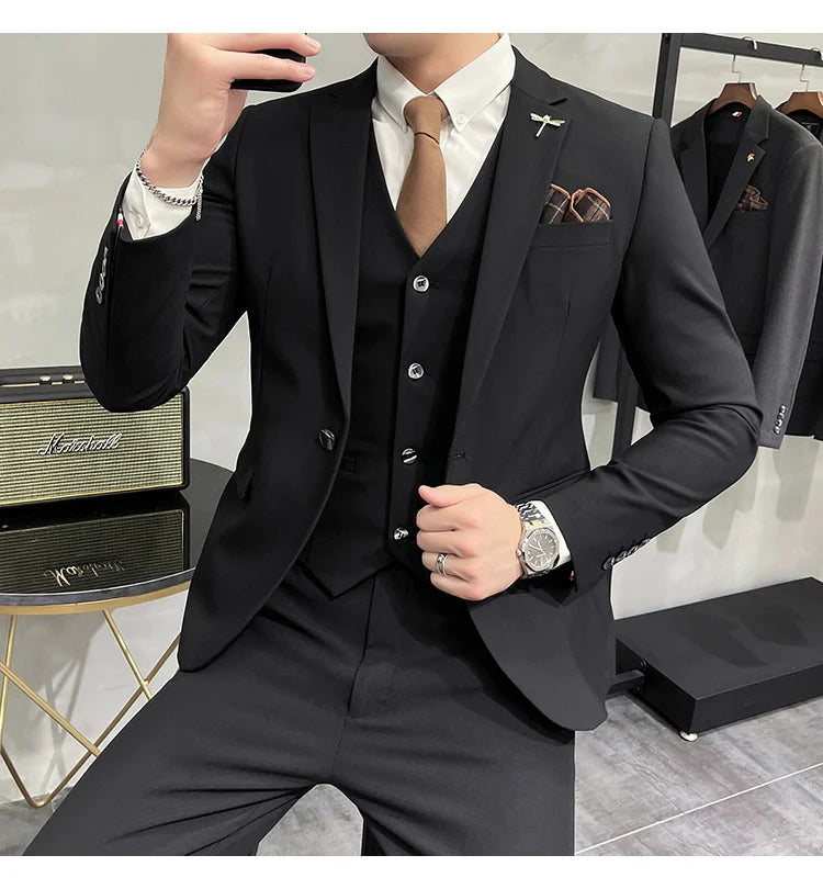 Blazer Vest Pants Men's Navy Blue Suit Set Slim Fit Blazer Vest Pants Formal Outfit for Business Wedding Office Groom Party