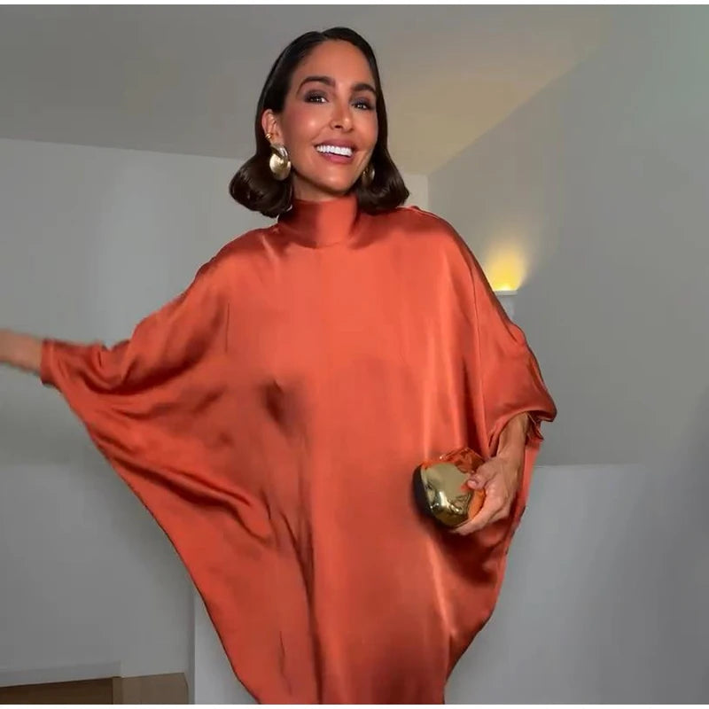 Women Solid Satin Maxi Dress High Neck Batwing Sleeve Loose Fit Front Slit Dresses Lady 2026 Summer Elegant Evening Party Outfit