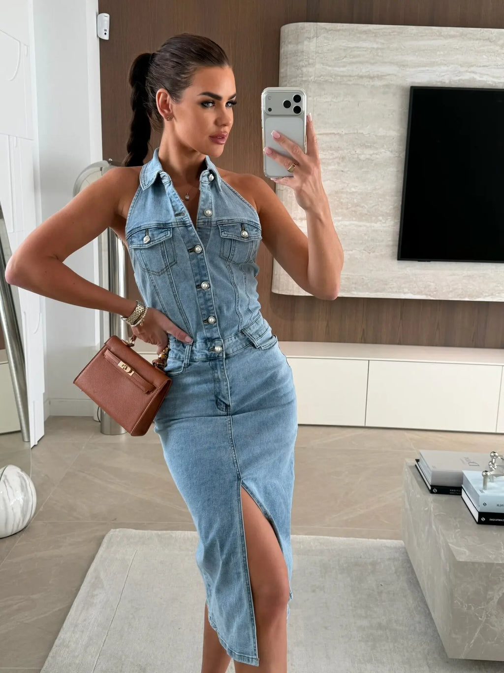 Summer Trend Women's Single-Breasted Lapel Sleeveless Waist Cinched A-Line Denim Dress Fashionable Casual Style