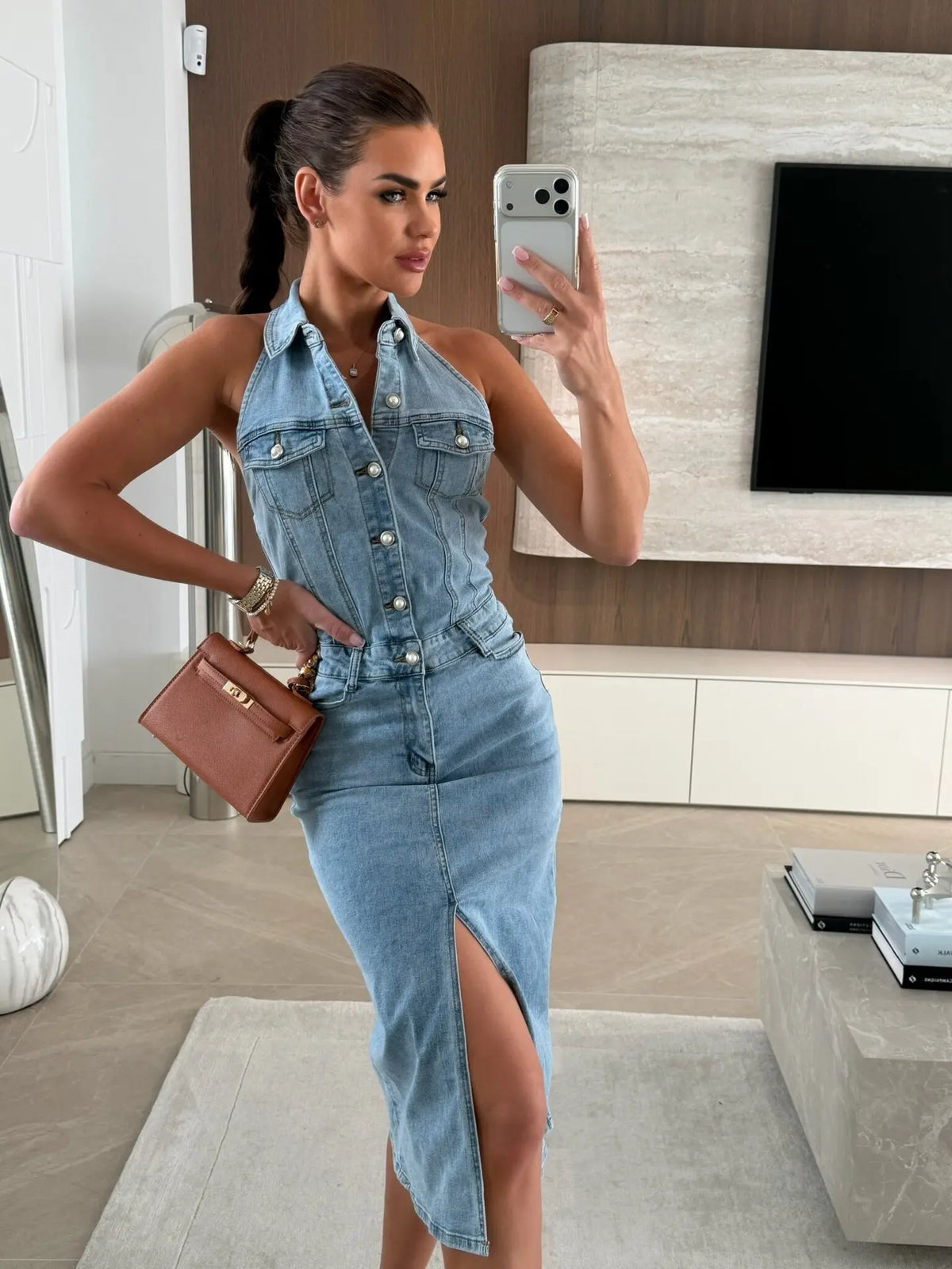 Summer Trend Women's Single-Breasted Lapel Sleeveless Waist Cinched A-Line Denim Dress Fashionable Casual Style