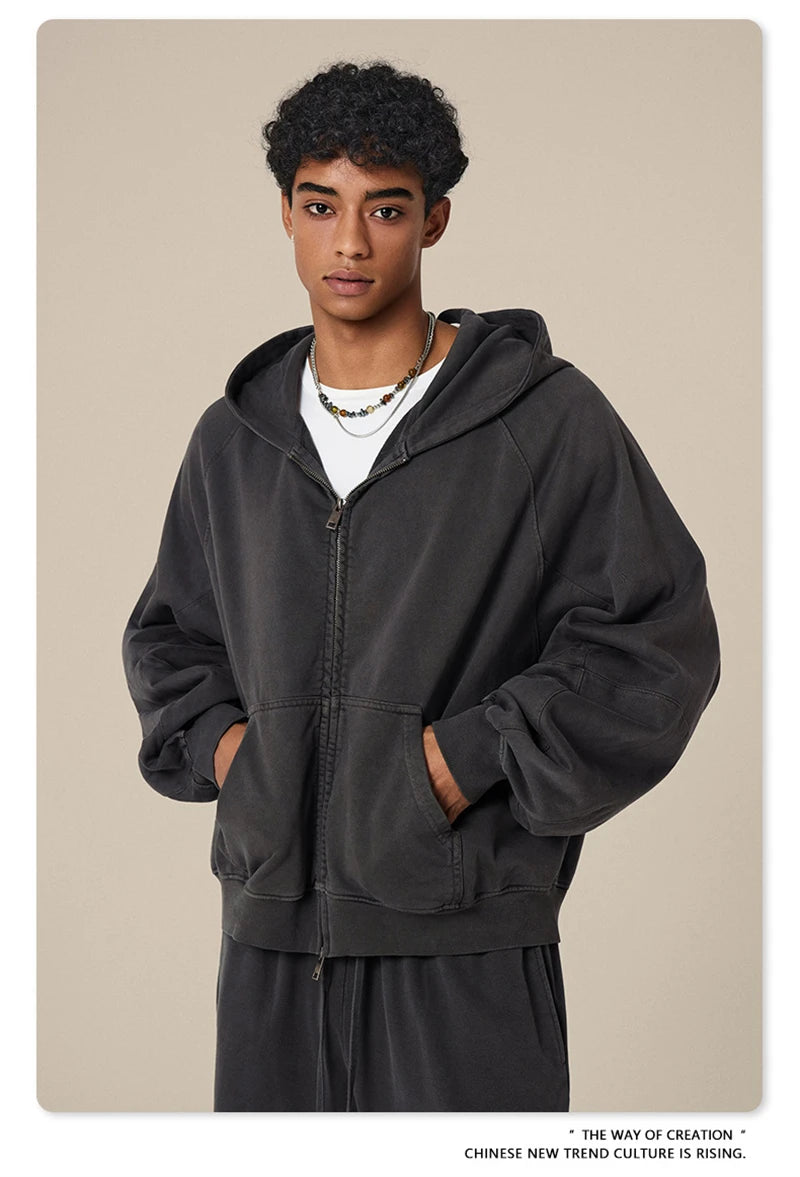 ZODF Heavy Wieght 480gsm Washed Cotton Boxy Zipper Hoodies For Man Unisex Retro Patchwork Off Shoulder Hooded Coats HY1152