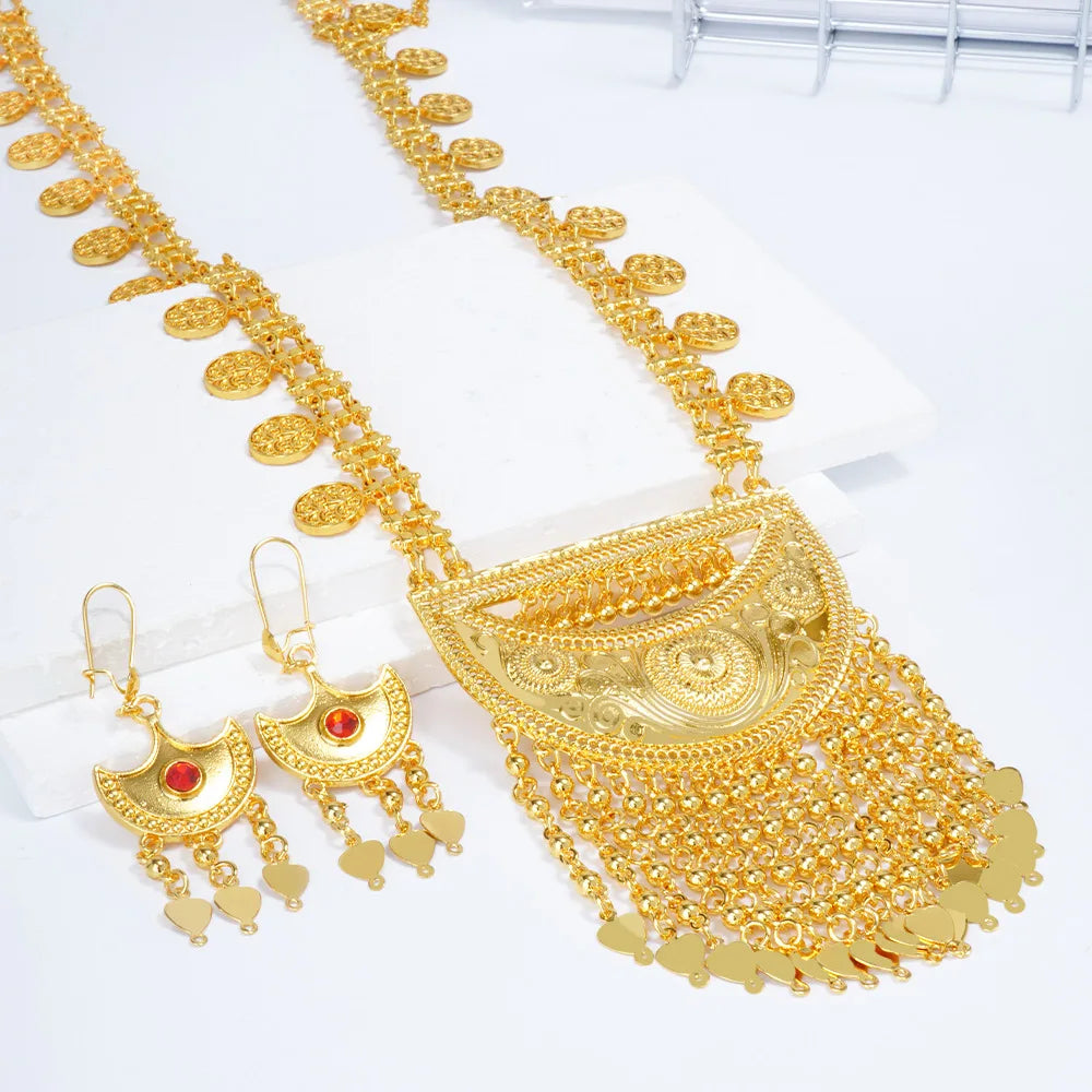 Tassel Necklace Earrings Long Set Women's 24K Gold AU999 - Exquisitely crafted 24K gold, smooth tassels, great for gifting