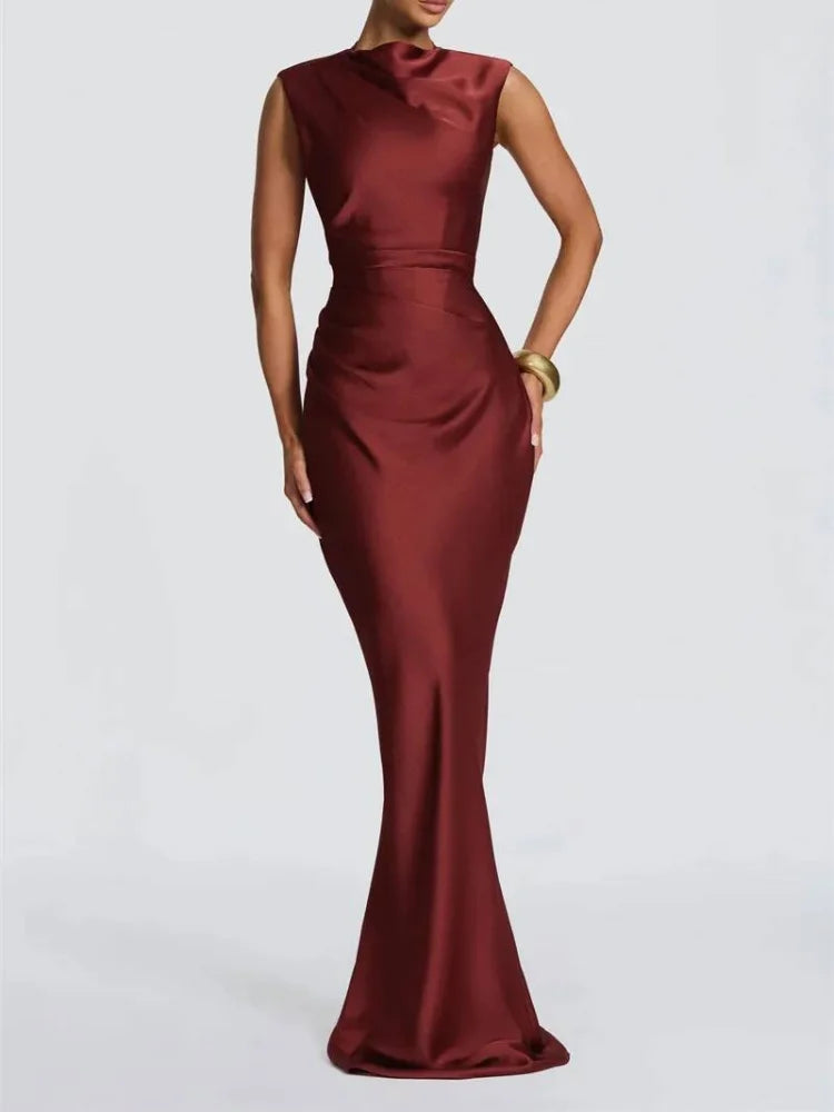 Women Fashion Solid Pleated Halter Dress Waist-cinching Sleeveless Backless Split Maxi Dresses 2026 Sexy Summer Lady Party Gowns