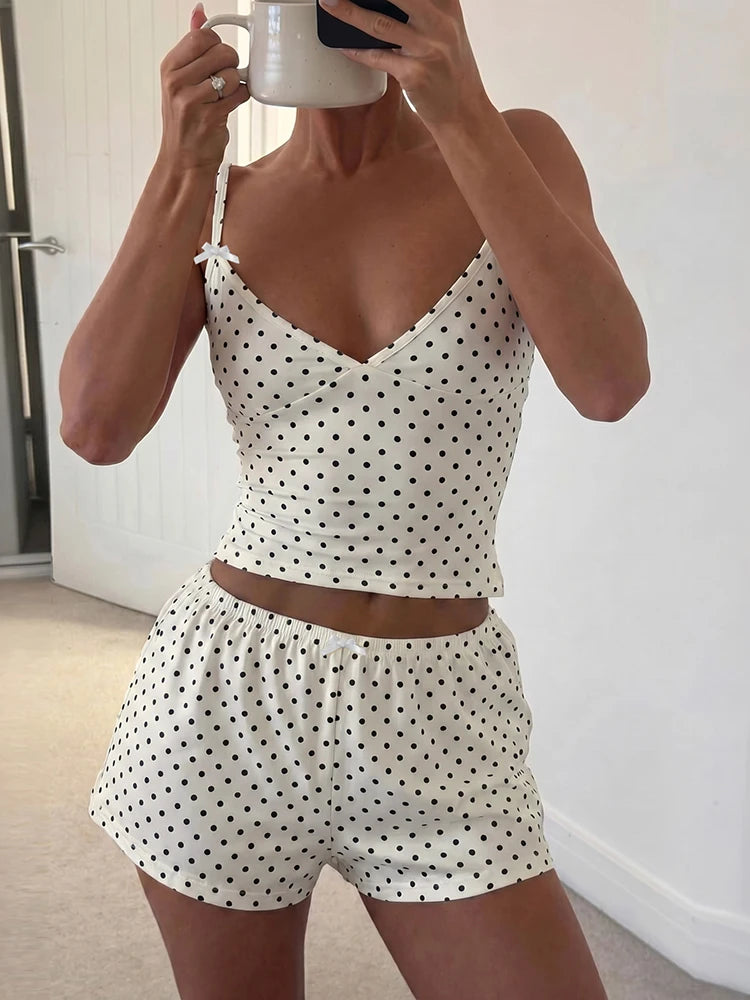 Nibber Street Bow Applique 2 Piece Set Women Fashion Polka Dot Print Low-Neck Sleeveless Camisole+Bike Short Sexy Party Suit