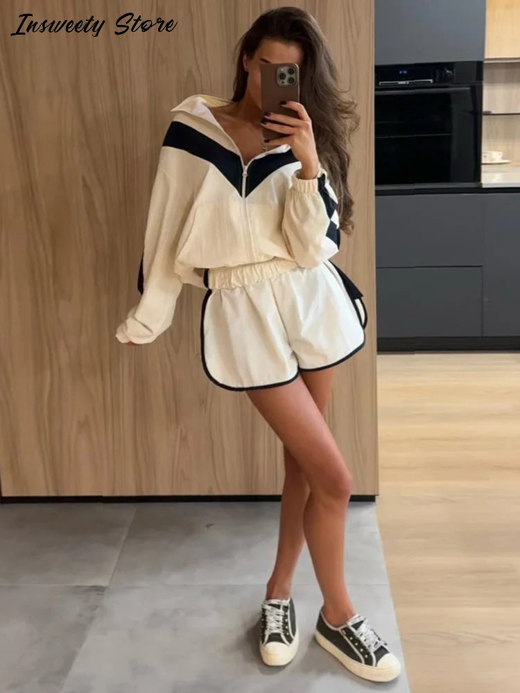 Fashion Color Block 2 Piece Tracksuit Women's Stand Collar Zip Lightweight Jacket Loose Mini Shorts 2026 New Lady Casual Outfit