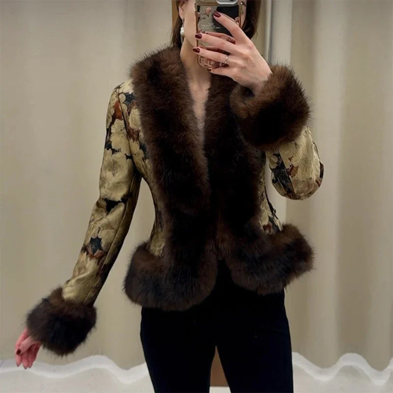 Floral Jacquard Faux Fur Trim Jacket V Neck Single Button Long Furry Cuff Cropped Coats 2026 Vintage Winter New Warm Party Coat