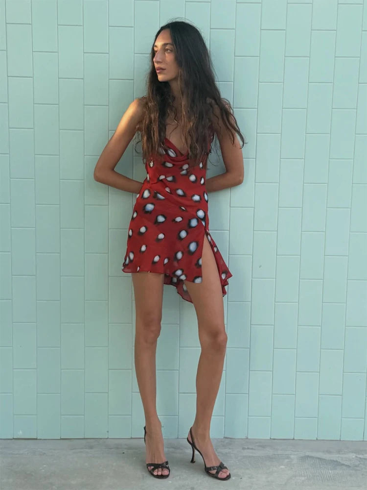 Red Polka Dot Print Draped Neckline Mini Dresses Women's Waist Cinching Split Short Sling Dress 2026 New Chic Party holiday Robe