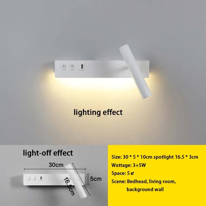 LED wall light with switch, rotatable USB reading spotlight, spotlighting, bedroom bedside hallway home decoration wall light