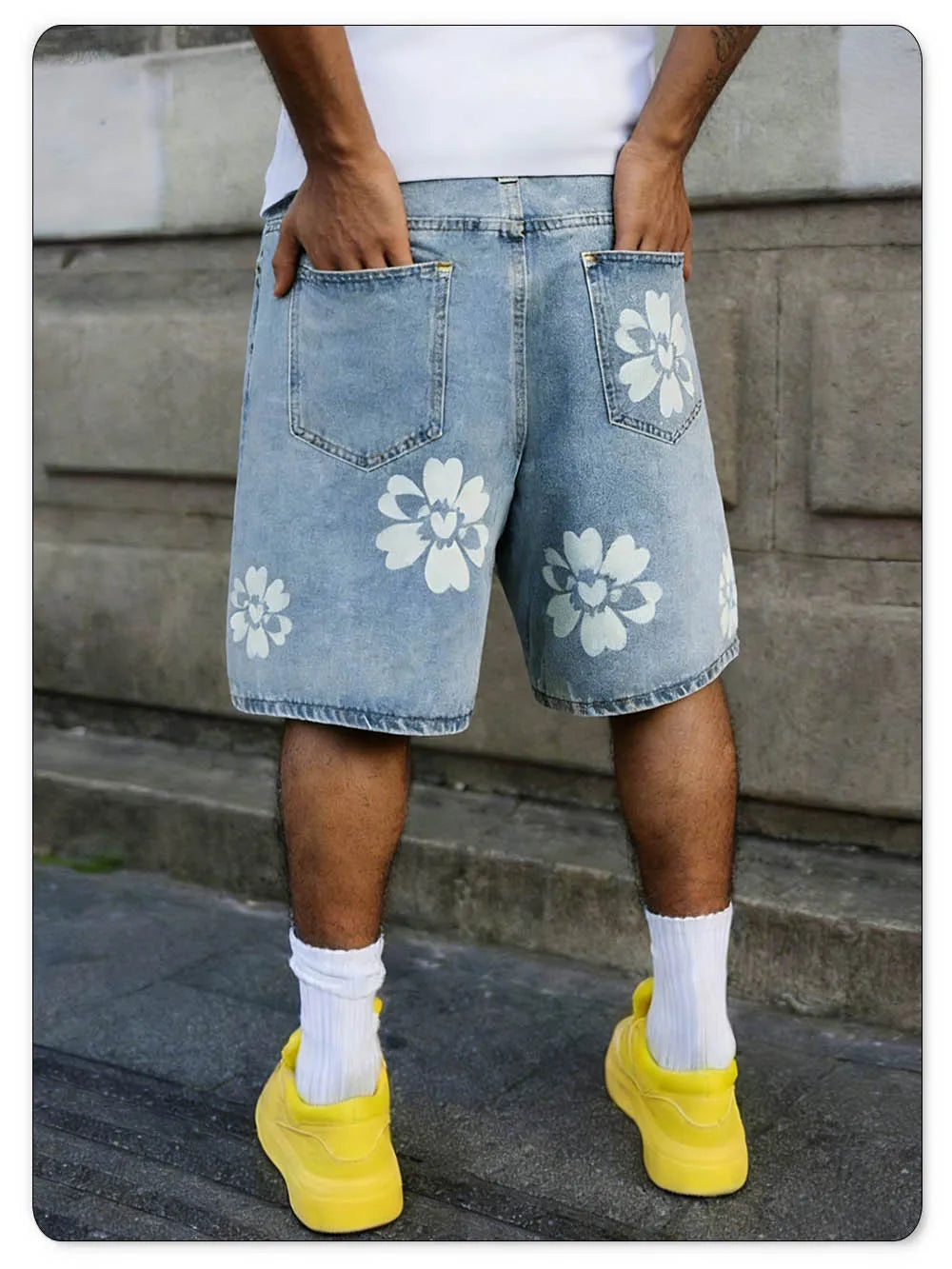 LIYS Fresh Delicate Style Flower Print Fashionable Wide Leg Men's Jeans Y2K Casual Elegant Bermuda Denim Shorts Couple Pants