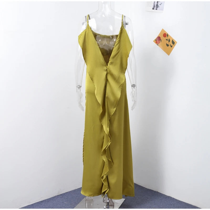 Backless Women Dress Satin Spaghetti Strap Maxi Dresses Back Tail Cowl Drape Front Neck Side Split Hem Elegant Evening Bodycon