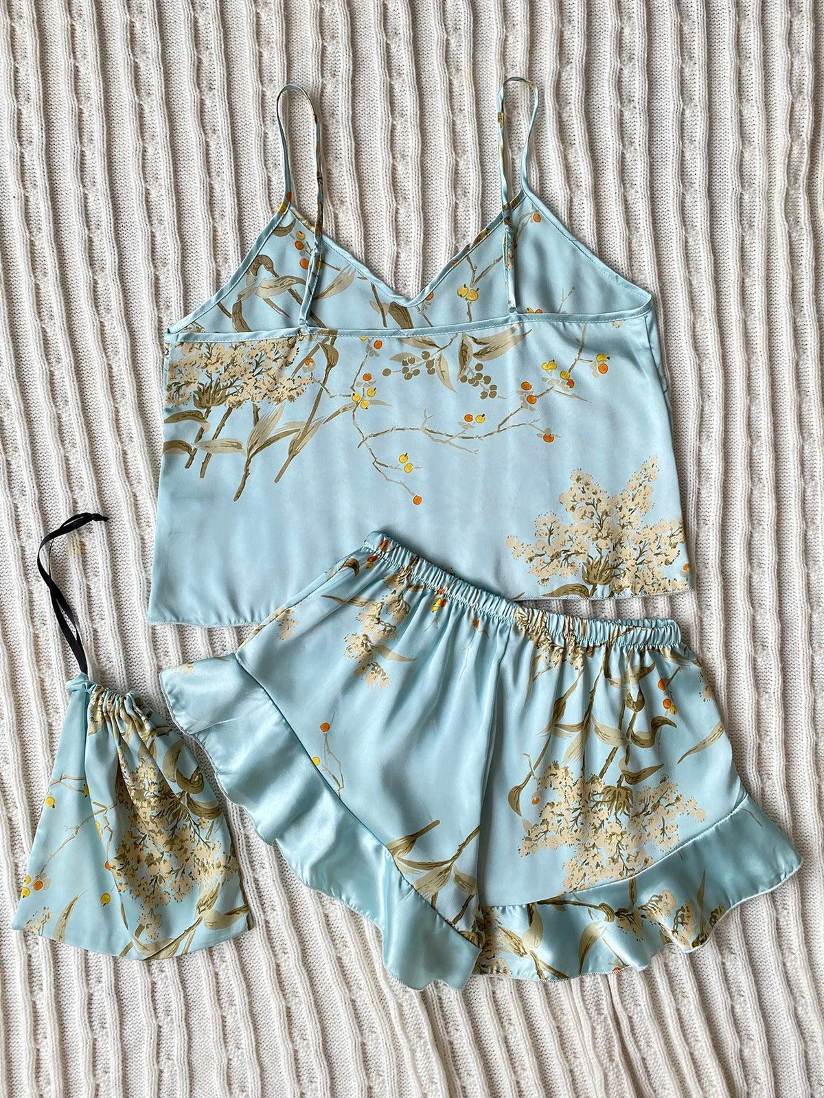 Summer Elegant  Print Cami Tops Ruffle Hem Shorts Pajama Set  Women's Sleepwear V Neck Strap Loungewear