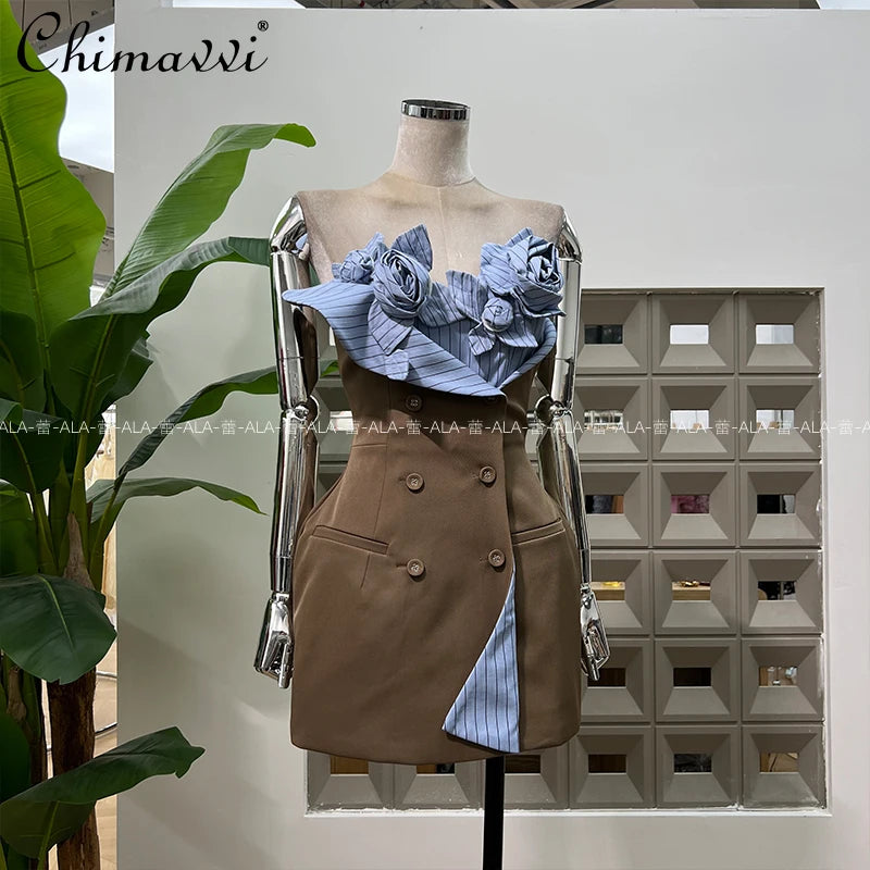French Style Elegant Socialite 3D Floral Striped Sleeveless Double-Breasted High Waist Slim Sexy Birthday Party Mini Dress Women