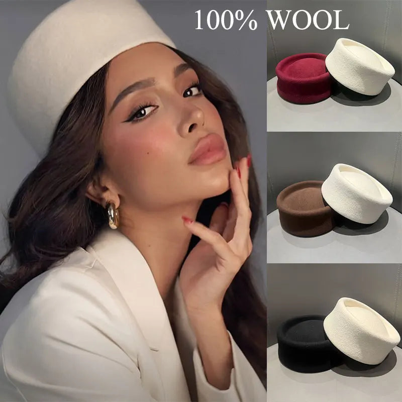 Women Berets Hat Fashion Fall Winter Vintage Concave Top Pillbox Cap 100% Wool Fedoras Hats Wedding Designer Western Church Hat