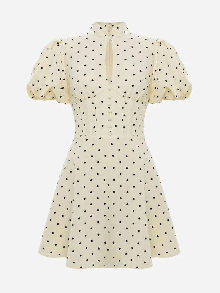 Retro Polka Dot Mini A-line Dress Elegant Stand Collar Puff Short Sleeve Waist-cinching Dresses 2026 New Lady Party Gowns
