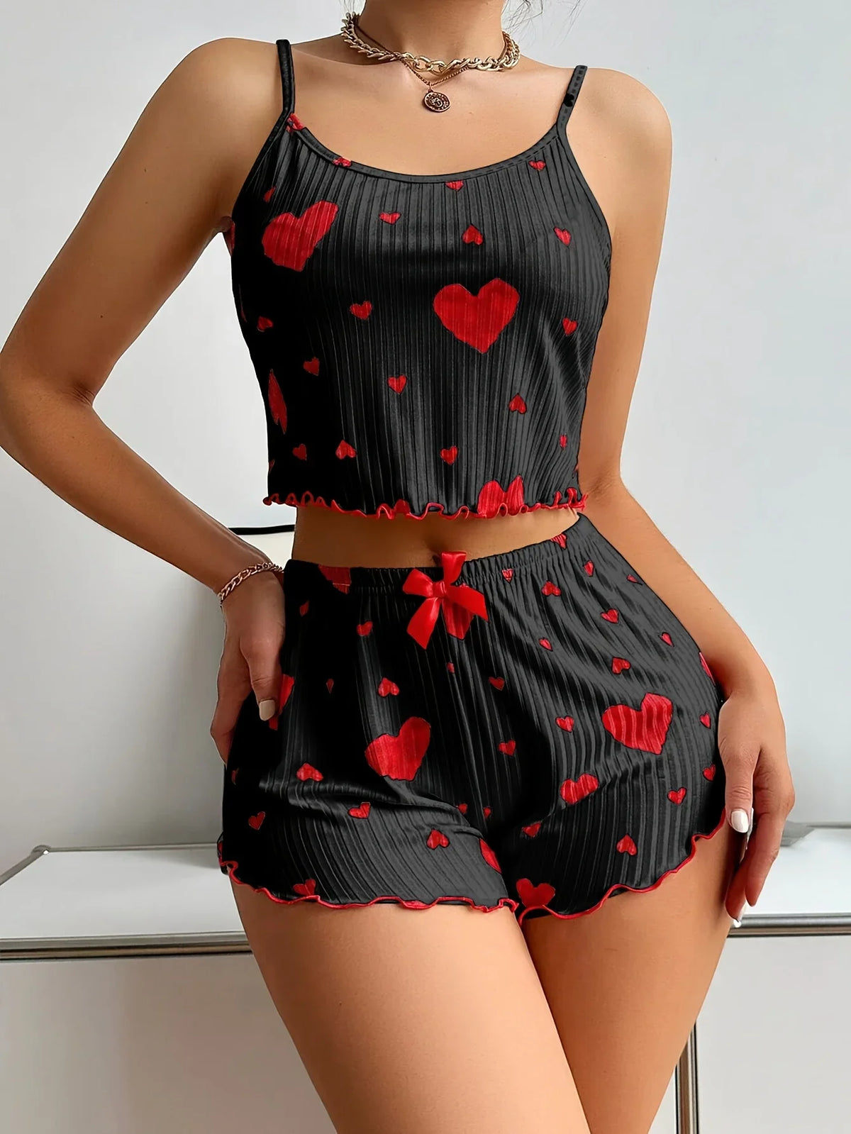 Summer Women's Heart Print 2PCS Pajamas Set Soft Ribbed Tank Top and Shorts Nightwear Sleepwear Loungewear