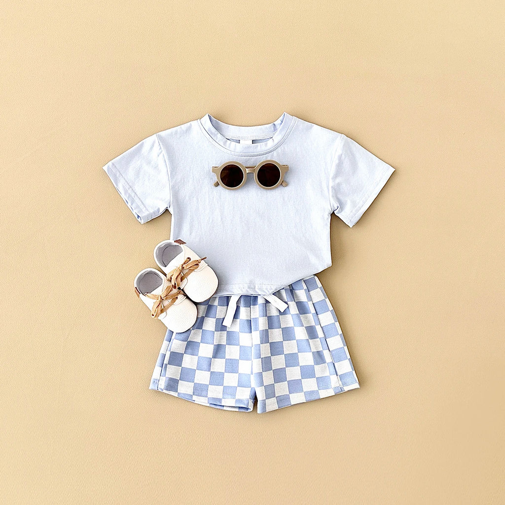 2PCS Kids Clothes Baby Boys Girls Solid Color Short Sleeve T-shirt Plaid Pattern Shorts Sets Baby Clothing Sets 0-3Y