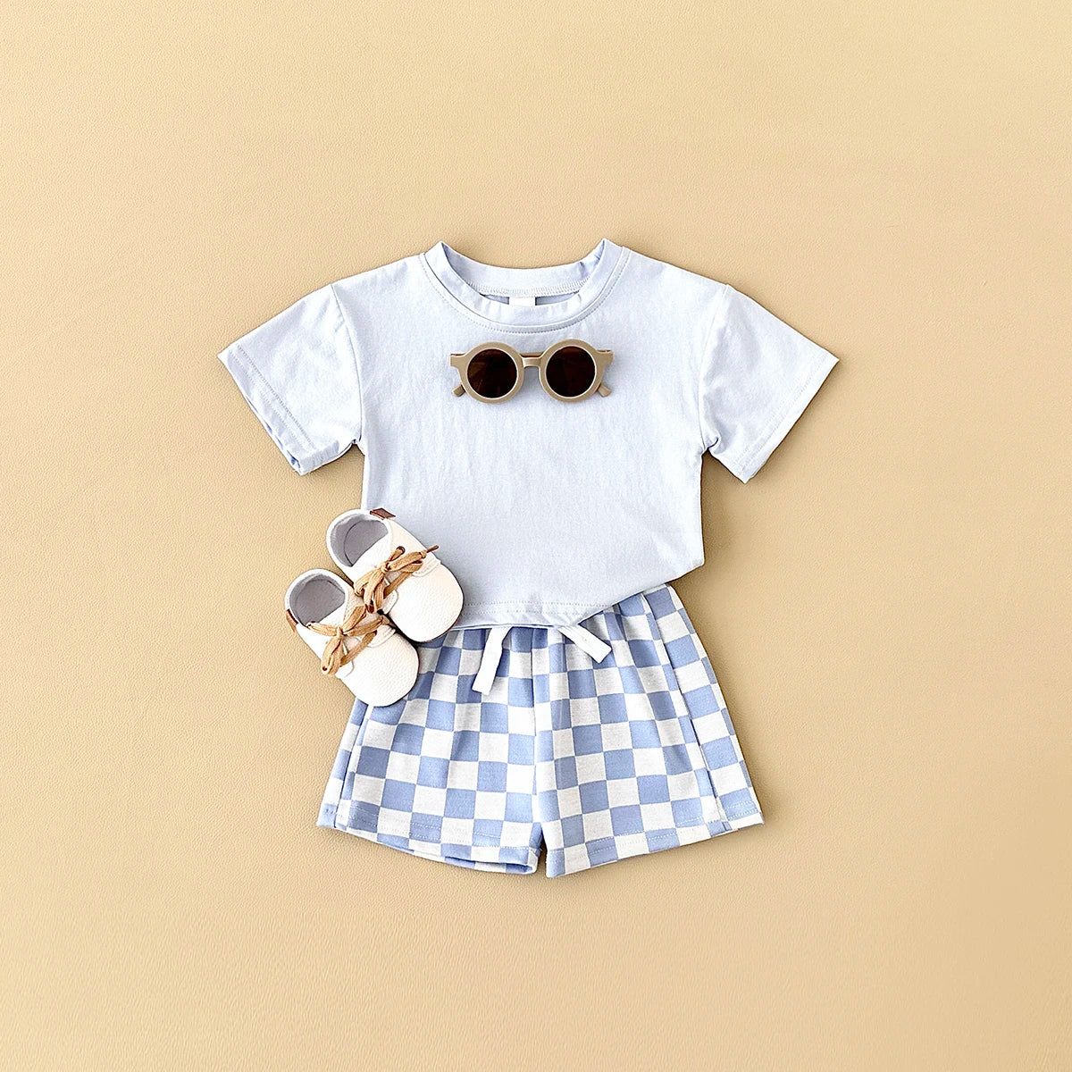 2PCS Kids Clothes Baby Boys Girls Solid Color Short Sleeve T-shirt Plaid Pattern Shorts Sets Baby Clothing Sets 0-3Y