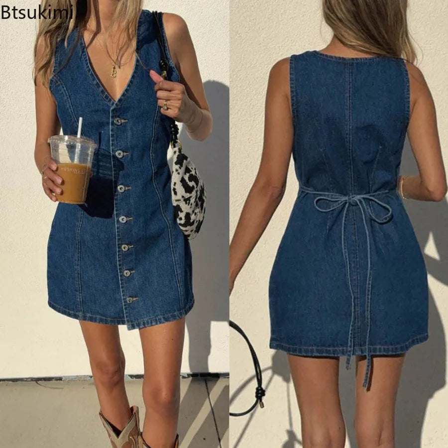 Women's Retro Spicy Girl Design Sleeveless Denim Dress Spring Summer Washed Denim Short Skirt High Waist V-neck Dress for Women